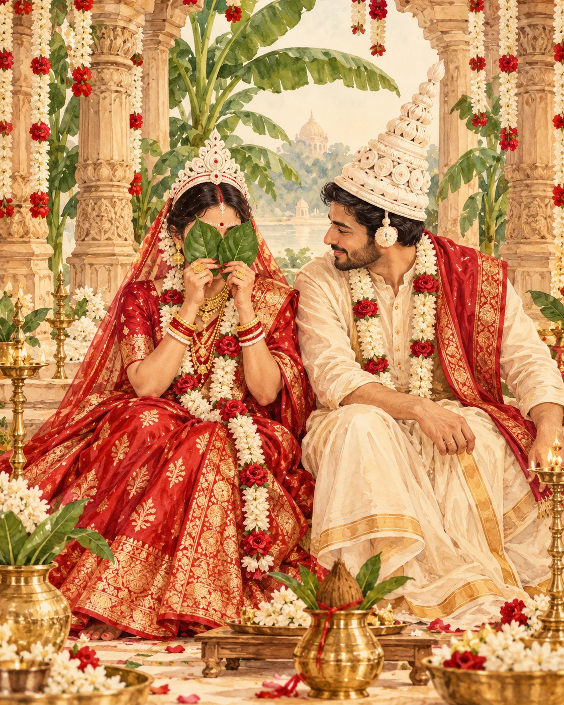Bengali bride with betel leaves and groom wearing a topor at their wedding mandap